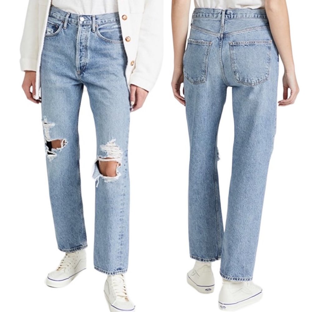 Agolde ‘90s Mid Rise Straight Distressed Relaxed Jeans in Fall Out HEMMED Short